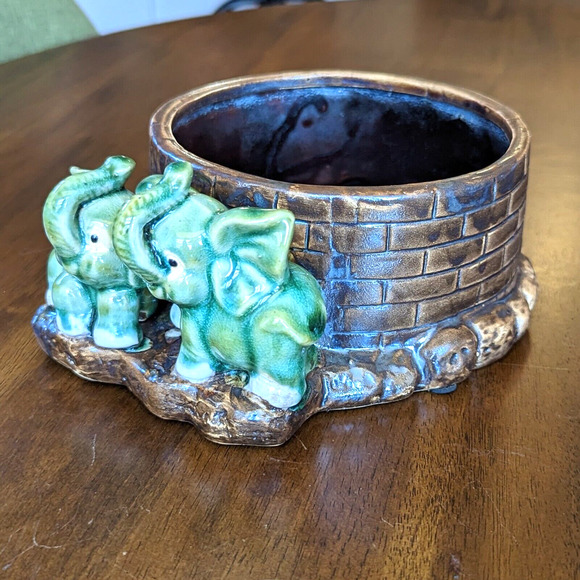 Vintage Majolica Lucky Elephant Planter Two Green Elephants Trunks Up China - Picture 4 of 12